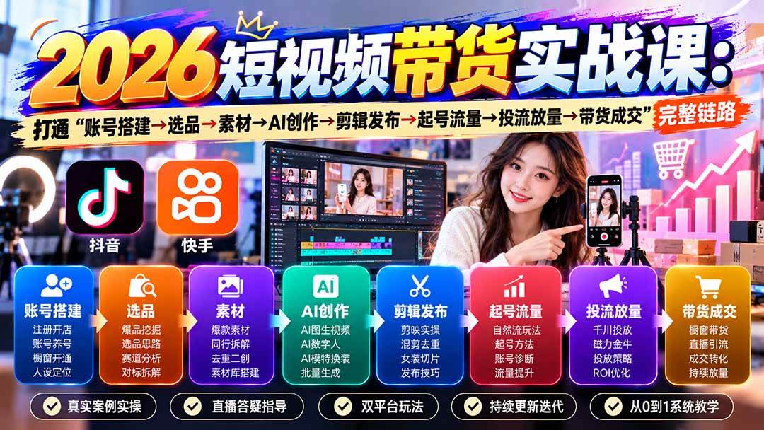 （20731期）2026短视频带货实战课9月：打通“账号搭建→选品→素材→AI创作→剪辑发布→起号流量→投流放量→带货成交”完整链路-驿想项目网