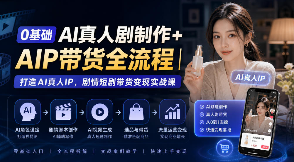0基础AI真人剧制作+AIP带货全流程｜打造AI真人IP，剧情短剧带货变现实战课-驿想项目网