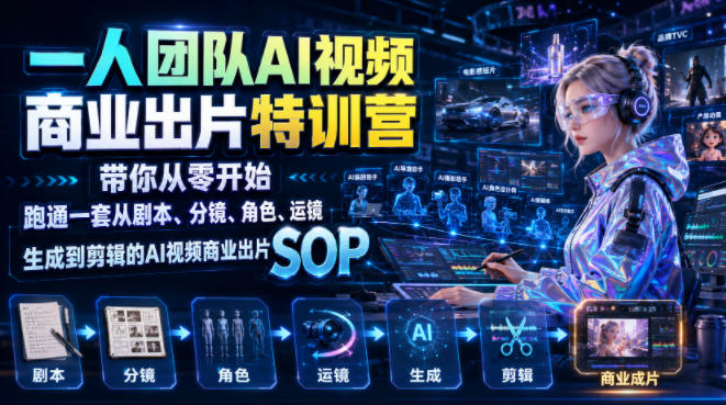 一人团队AI视频商业出片实战课：带你从零开始跑通一套从剧本、分镜、角色、运镜、生成到剪辑的AI视频商业出片SOP-驿想项目网