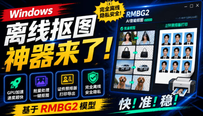 Windows离线抠图神器来了！支持批量抠图+证件照排版打印，基于RMBG2模型，GPU加速方块AI抠图-驿想项目网