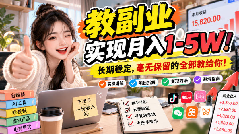 “教副业”实现月入1-5W！长期稳定，毫无保留的全部教给你！【揭秘】-驿想项目网