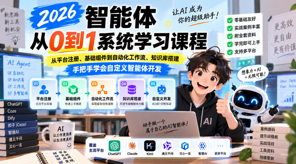 2026智能体从0到1系统学习课程,从平台注册、基础组件到自动化工作流、知识库搭建,手把手学会自定义智能体开发-驿想项目网