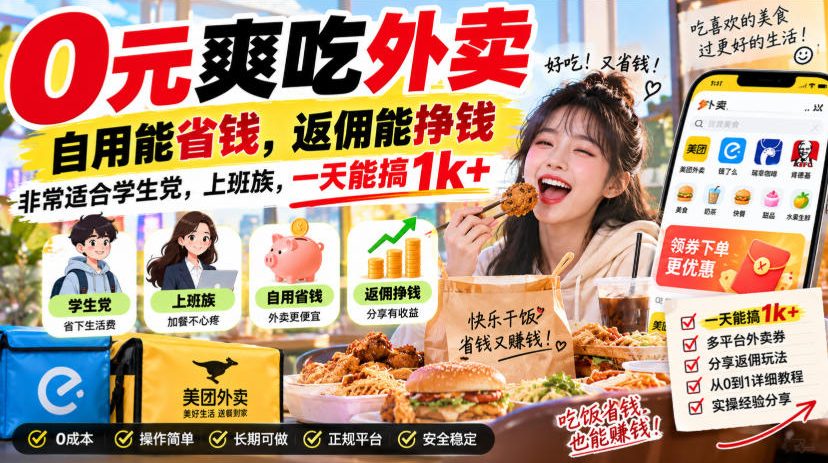 0元爽吃外卖，自用能省钱，返佣能挣钱，非常适合学生党，上班族，一天能搞1k+-驿想项目网