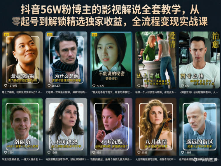 抖音56W粉博主的影视解说全套教学，从零起号到解锁精选独家收益，全流程变现实战课-驿想项目网