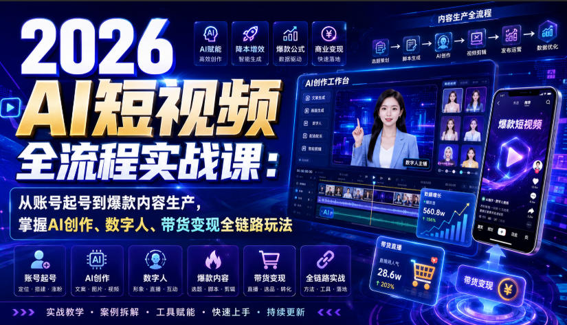 2026 AI短视频全流程实战课：从账号起号到爆款内容生产，掌握AI创作、数字人、带货变现全链路玩法-驿想项目网