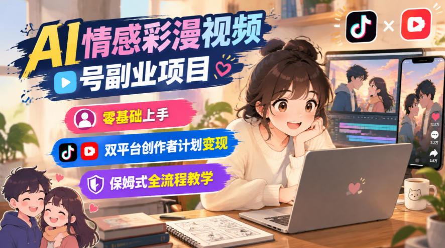 AI情感彩漫视频号副业项目，零基础上手，双平台创作者计划变现，保姆式全流程教学-驿想项目网