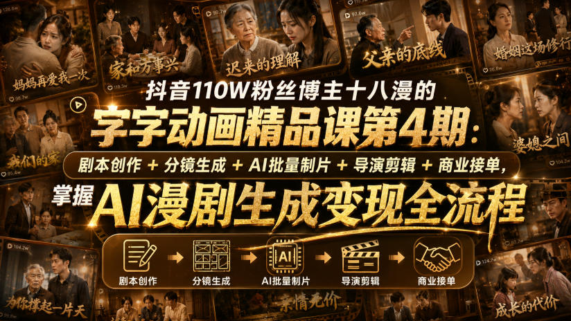 抖音110W粉丝博主十八漫的字字动画精品课第4期:剧本创作+分镜生成+剪辑+商业接单,掌握AI漫剧生成变现全流程(更新0916)-驿想项目网
