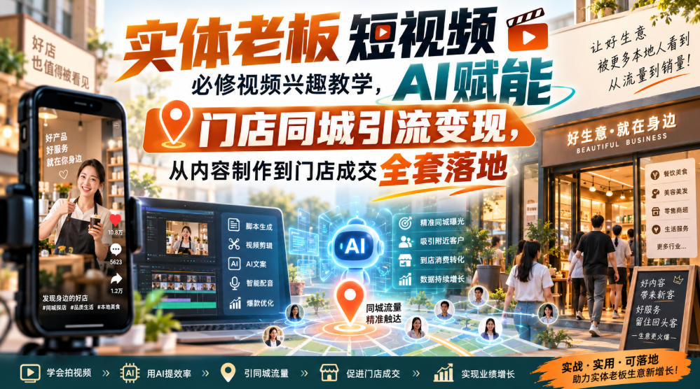 实体老板短视频必修视频兴趣教学,AI赋能门店同城引流变现,AI+短视频+直播打爆实体客流量-驿想项目网