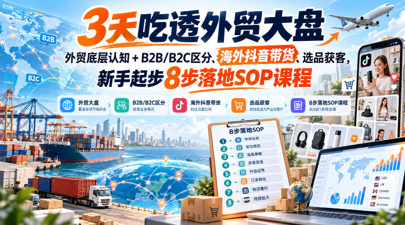 3天吃透外贸大盘,外贸底层认知+B2B/B2C区分、海外抖音带货、选品获客,新手起步8步落地SOP课程 3天吃透外贸大盘,外贸底层认知+B2B/B2C区分、海外抖音带货、选品获客,新手起步8步落地SOP课程