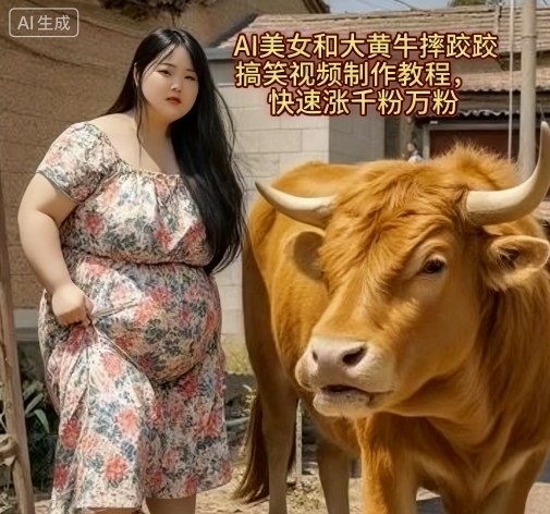AI美女和大黄牛摔跤搞笑荒诞视频制作教程，快速涨千粉万粉-驿想项目网