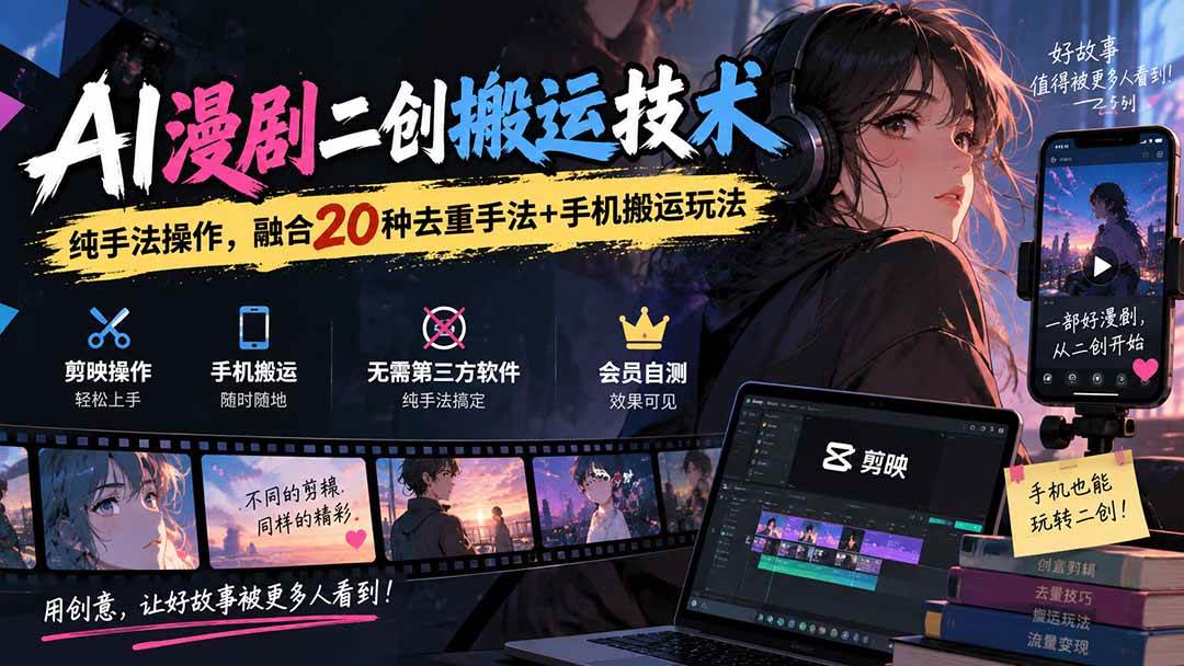 (20551期)AI漫剧二创搬运技术,纯手法操作,融合20种去重手法++手机搬运玩法-驿想项目网