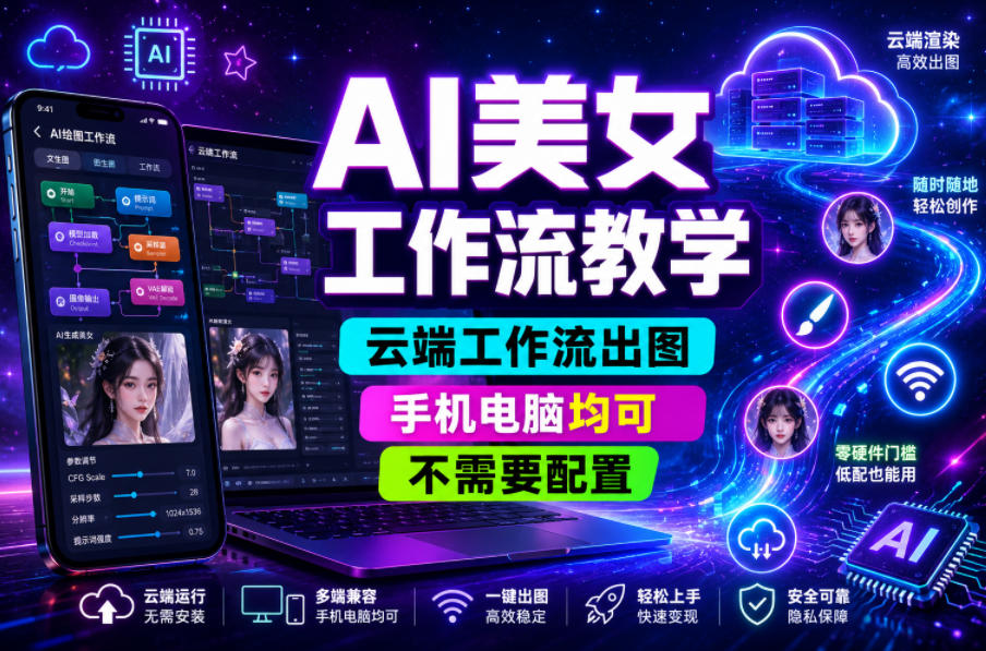 AI美女工作流教学,云端工作流出图,手机电脑均可,不需要配置,快速起号涨粉-驿想项目网