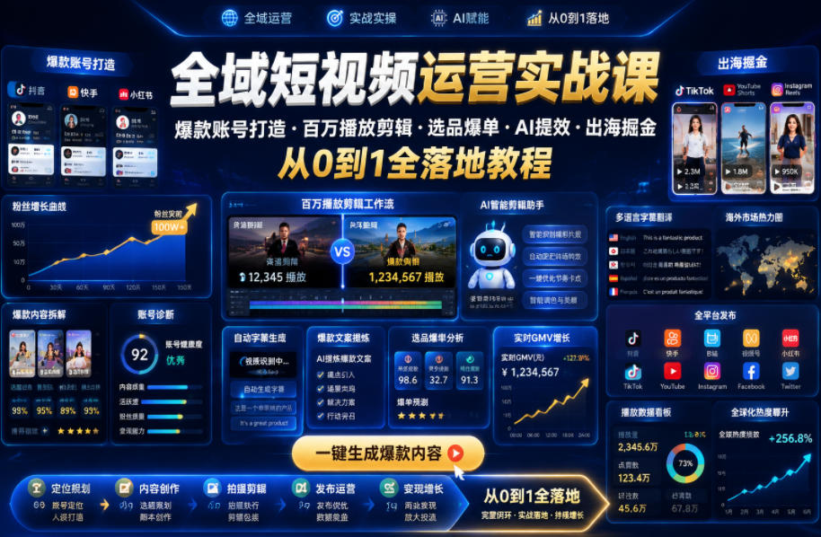 全域短视频运营实战课，爆款账号打造・百万播放剪辑・选品爆单・AI提效・出海掘金，从0到1全落地教程-驿想项目网