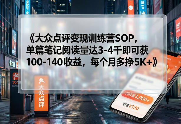 大众点评变现训练营SOP，单篇笔记阅读量达3-4千即可获100-140收益，每个月多挣5K+-驿想项目网
