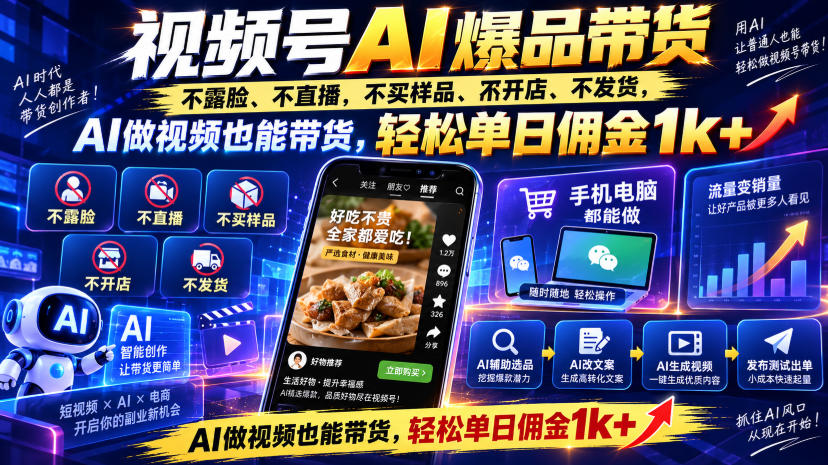 视频号Ai爆品带货，不露脸、不直播、不买样品、不开店、不发货，AI做视频也能带货，轻松单日佣金1k+-驿想项目网