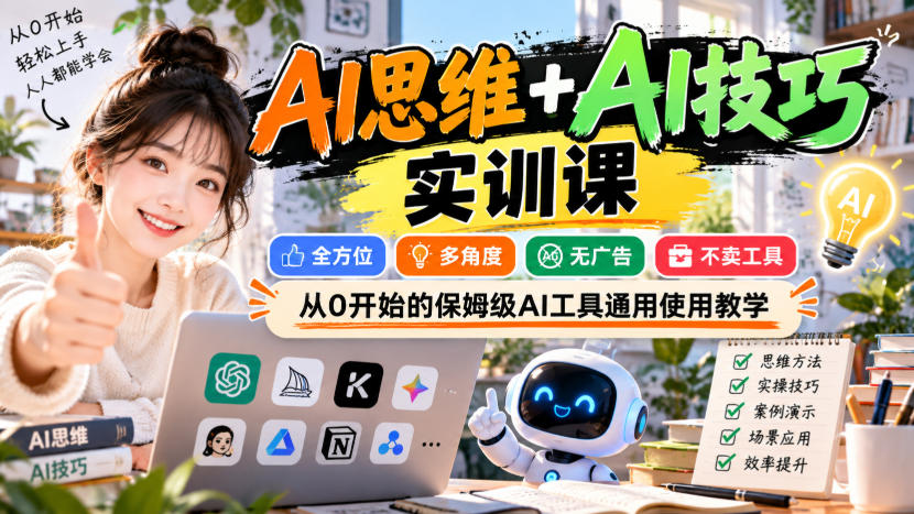 AI思维+AI技巧实训课,全方位、多角度、无广告、不卖工具,从0开始的保姆级AI工具通用使用教学 AI思维+AI技巧实训课,全方位、多角度、无广告、不卖工具,从0开始的保姆级AI工具通用使用教学