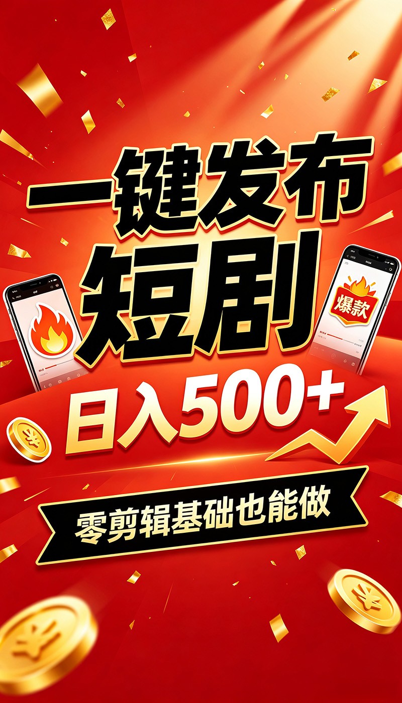 快手短剧一键发布，不用剪辑操作简单，副业日入500+。空闲时间轻松赚收益-驿想项目网