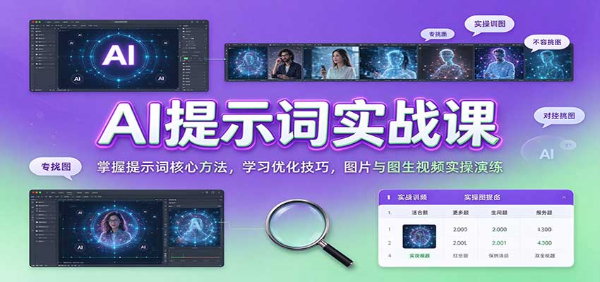 AI提示词实战课：掌握提示词核心方法，学习优化技巧，图片与图生视频实操演练-驿想项目网