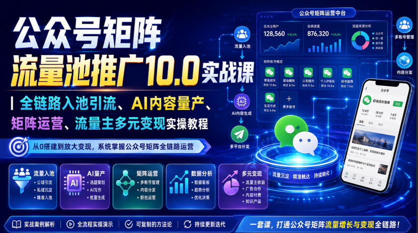公众号矩阵流量池推广10.0实战课|全链路入池引流、AI内容量产、矩阵运营、流量主多元变现实操教程-驿想项目网