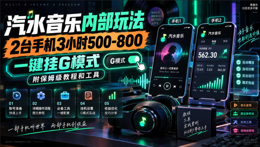 汽水音乐内部玩法，2台手机3小时500-800，一键挂G模式，附保姆级教程和工具【揭秘】-驿想项目网