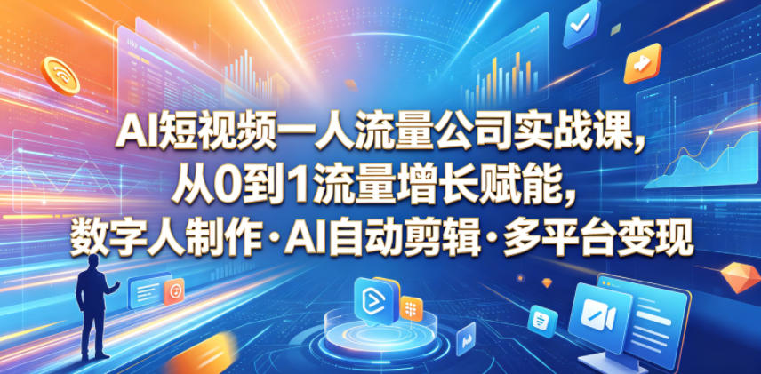 AI短视频一人流量公司实战课,从0到1流量增长赋能,数字人制作・AI自动剪辑・多平台变现,一人做流量生意全落地教程-驿想项目网
