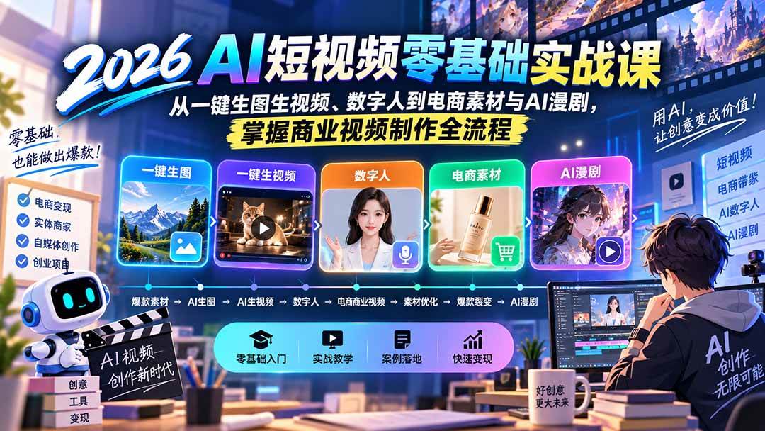 （20263期）2026AI短视频零基础实战课：从一键生图生视频、数字人到电商素材与AI漫剧，掌握商业视频制作全流程-驿想项目网