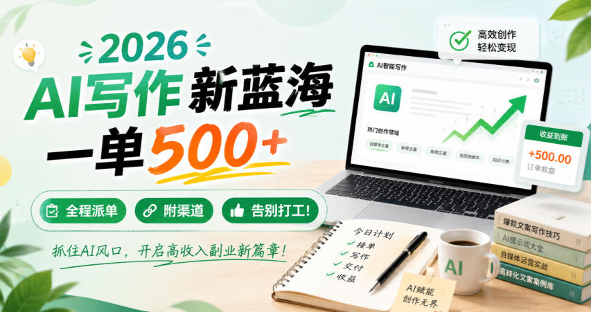 2026 AI写作新蓝海，一单500+，全程派单，附渠道，告别打工！【揭秘】-驿想项目网