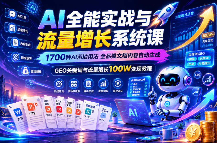 AI全能实战与流量增长系统课,1700种AI落地用法,全品类文档内容自动生成,GEO关键词与流量增长100W变现教程-驿想项目网