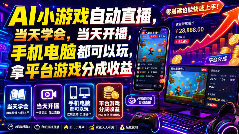 AI小游戏自动直播，当天学会，当天开播，手机电脑都可以玩，拿平台游戏分成收益-驿想项目网