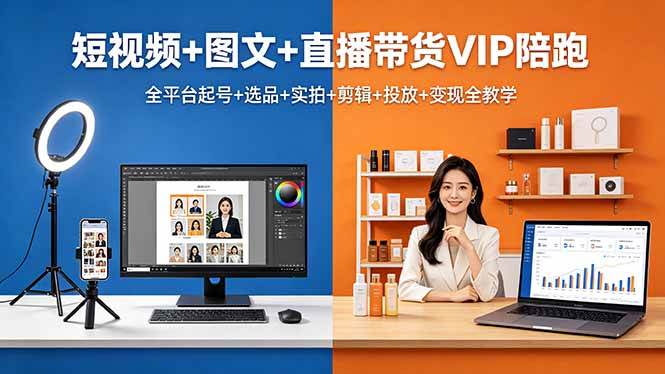 （18319期）短视频+图文+直播带货VIP陪跑，全平台起号+选品+实拍+剪辑+投放+变现全教学-驿想项目网