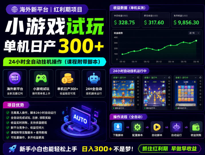 海外新平台,小游戏试玩,单机日产300+,24小时全自动挂G操作(课程附带脚本)【揭秘】-驿想项目网