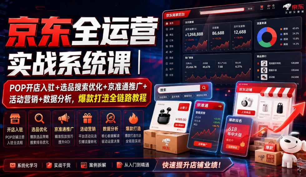 京东全运营实战系统课｜POP开店入驻+选品搜索优化+京准通推广+活动营销+数据分析，爆款打造全链路教程-驿想项目网
