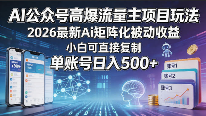 AI公众号高爆流量主项目玩法，2026最新Ai矩阵化被动收益，小白可直接复制，单账号日入500+-驿想项目网