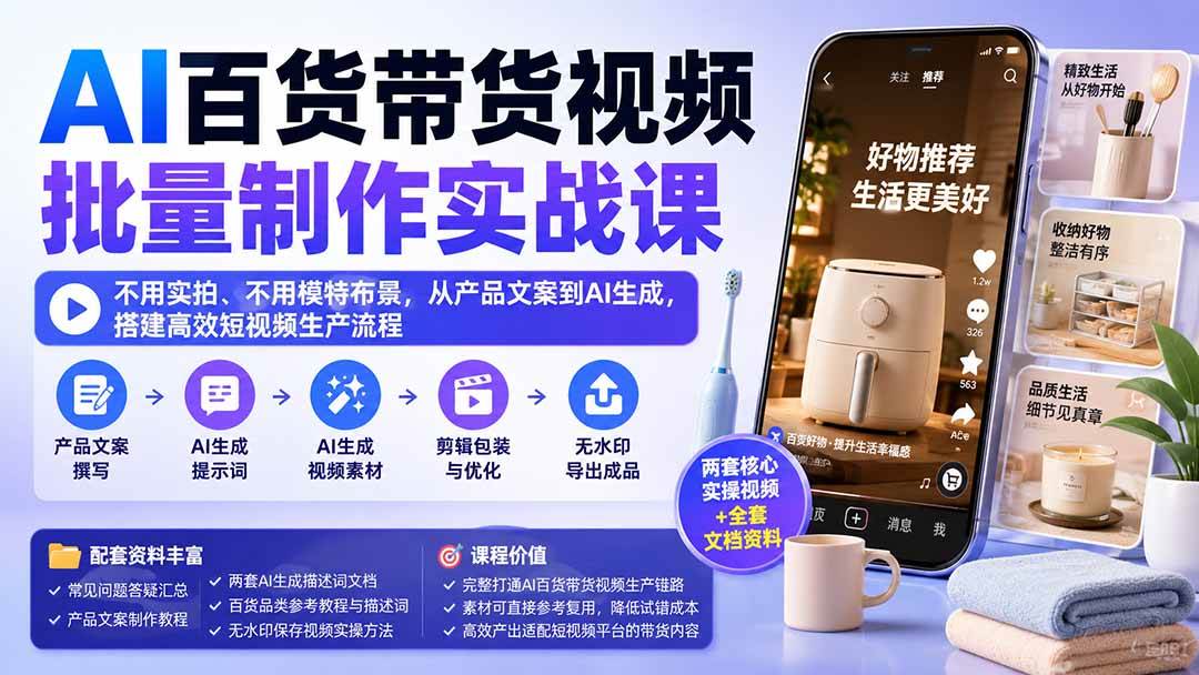 (20179期)AI百货带货视频批量制作实战课:不用实拍、不用模特布景,从产品文案到AI生成,搭建高效短视频生产流程-驿想项目网