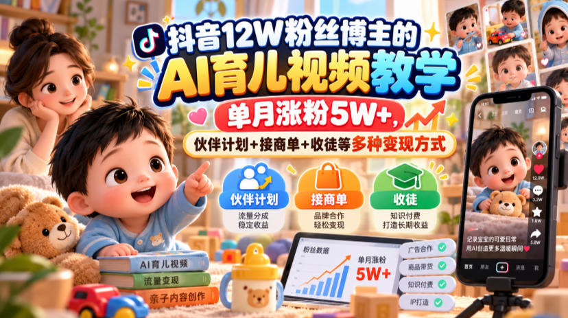 抖音12W粉丝博主的AI育儿视频教学，单月涨粉5W+，伙伴计划+接商单+收徒等多种变现方式-驿想项目网