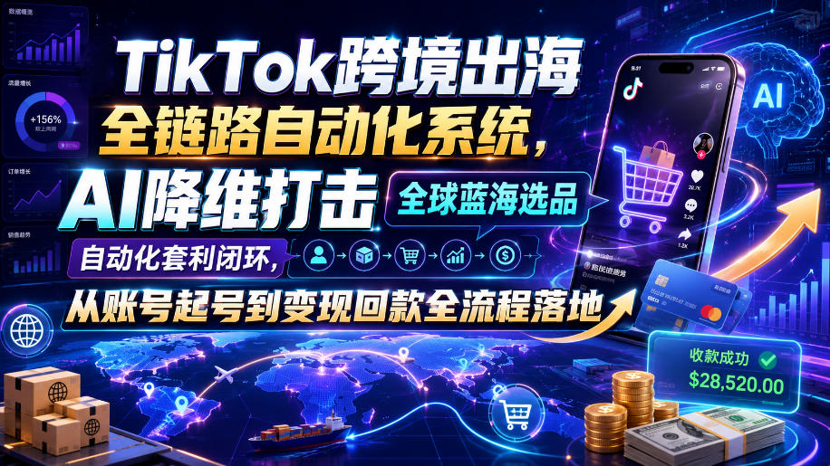 TikTok跨境出海全链路自动化系统，AI降维打击全球蓝海选品自动化套利闭环，从账号起号到变现回款全流程落地（2026年7月）-驿想项目网