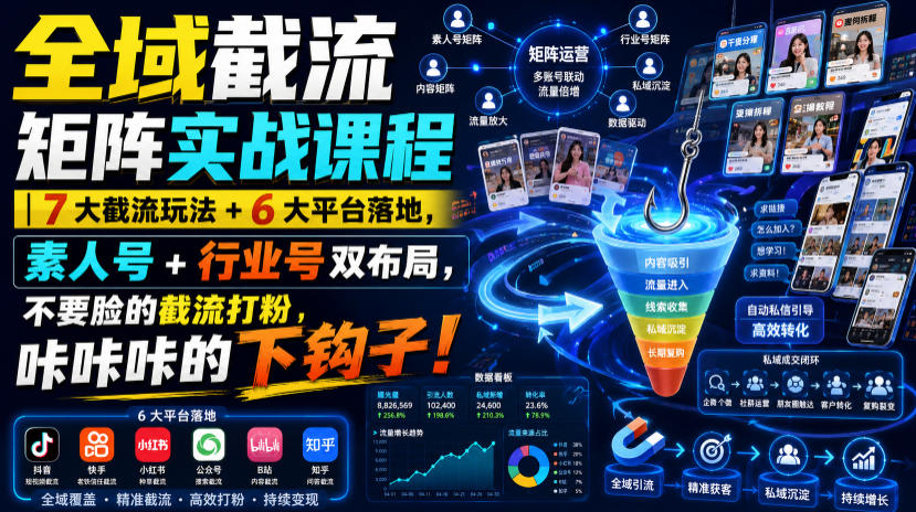 全域截流矩阵实战课程｜7大截流玩法+6大平台落地，素人号+行业号双布局，不要脸的截流打粉，咔咔咔的下钩子！-驿想项目网