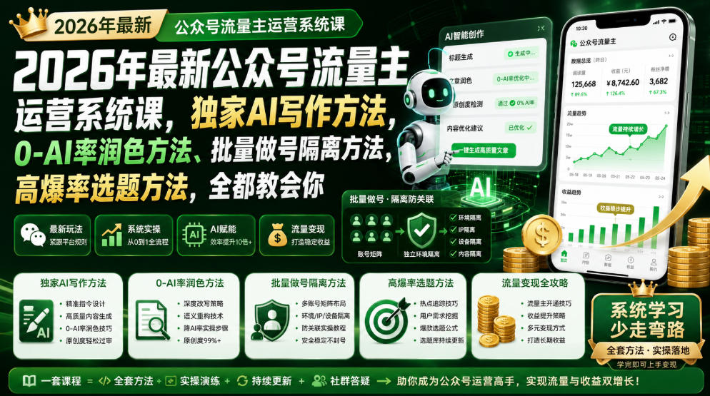2026年最新公众号流量主运营系统课，独家AI写作方法，0-AI率润色方法、批量做号隔离方法、高爆率选题方法，全都教会你-驿想项目网