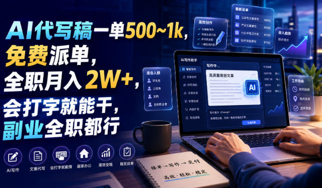 AI代写稿一单500~1k，免费派单，全职月入2W+，会打字就能干，副业全职都行【揭秘】-驿想项目网