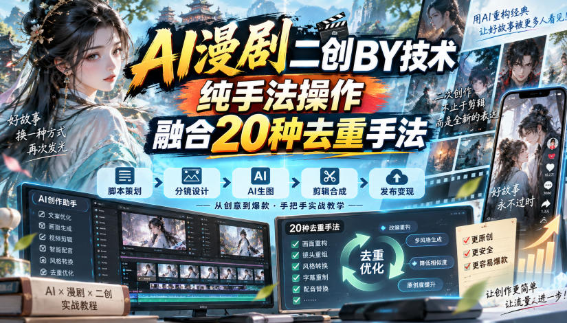 AI漫剧二创搬运技术，纯手法操作，融合20种去重手法-驿想项目网