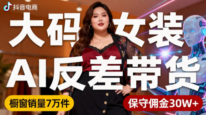 抖音小众赛道，大码女装AI反差带货，不用直播，每天6条作品，橱窗卖7万件，保守佣金30W+-驿想项目网