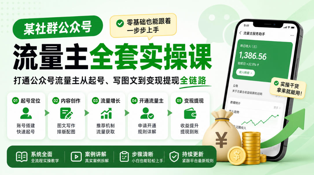 某社群公众号流量主全套实操课，零基础也能跟着一步步上手，打通公众号流量主从起号、写图文到变现提现全链路-驿想项目网