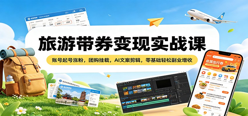 旅游带券变现实战课：账号起号涨粉，团购挂载，AI文案剪辑，零基础轻松副业增收-驿想项目网