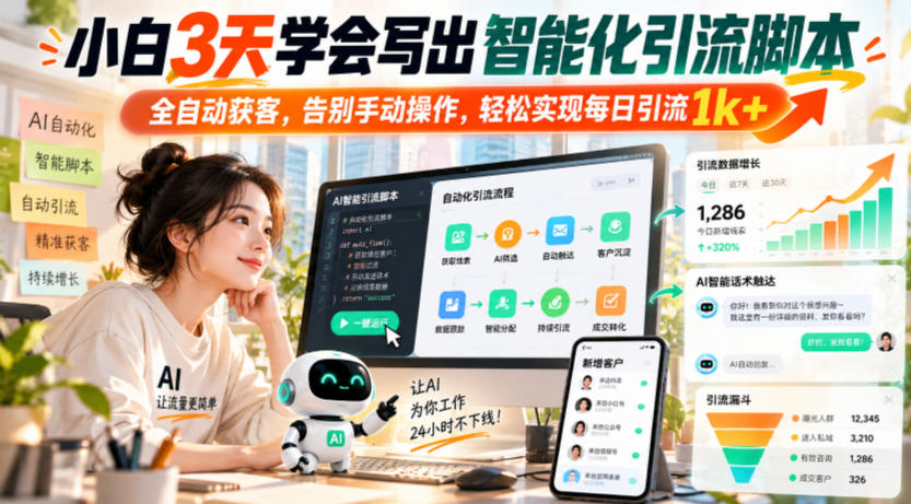 小白3天学会写出智能化引流脚本，全自动获客，告别手动操作，轻松实现每日引流1k+-驿想项目网