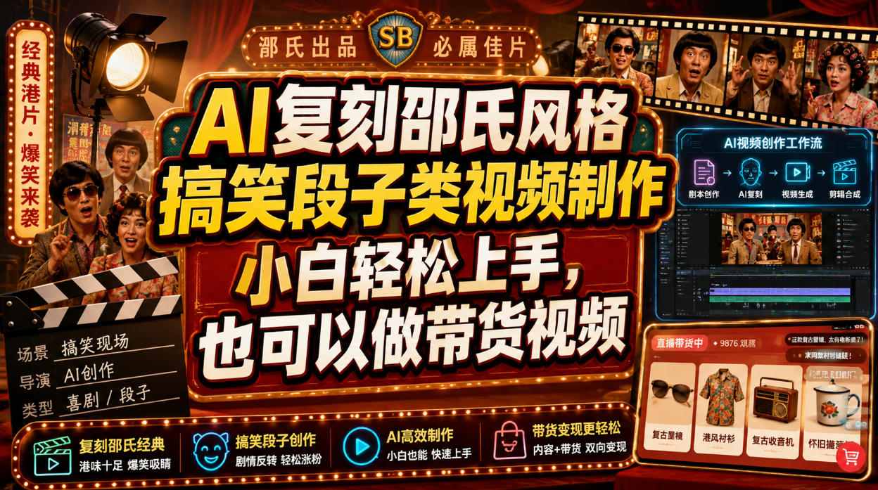 AI复刻邵氏风格搞笑段子类视频制作，小白轻松上手，也可以做带货视频-驿想项目网