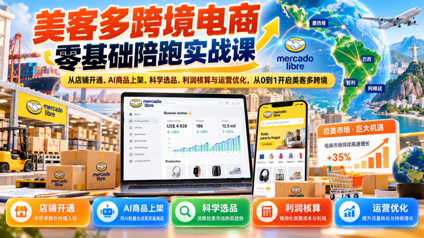 美客多跨境电商零基础陪跑实战课：从店铺开通、AI商品上架、科学选品、利润核算与运营优化，从0到1开启美客多跨境-驿想项目网