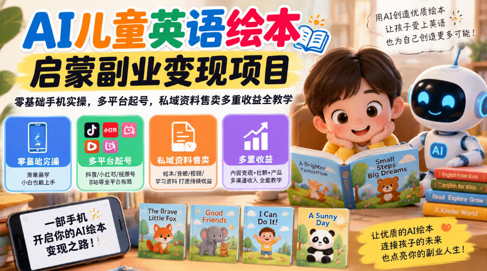 AI儿童英语绘本启蒙副业变现项目，零基础手机实操，多平台起号，私域资料售卖多重收益全教学-驿想项目网