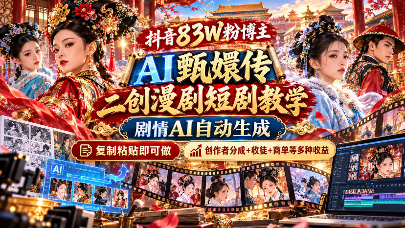 抖音83W粉博主AI甄嬛传二创漫剧短剧教学|剧情AI自动生成,复制粘贴即可做,各大平台创作者分成+收徒等多种收益-驿想项目网