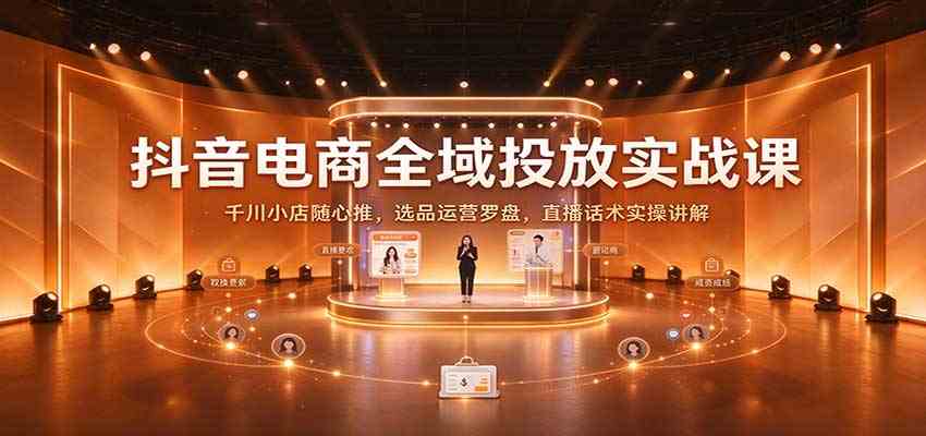 抖音电商全域投放实战课：千川小店随心推，选品运营罗盘，直播话术实操讲解-驿想项目网