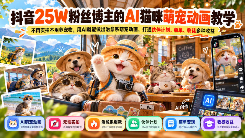 抖音25W粉丝博主的AI猫咪萌宠动画教学，不用实拍不用养宠物，用AI就能做出治愈系萌宠动画，打通伙伴计划、商单、收徒多种收益-驿想项目网